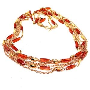 Vintage TRIFARI Gold Tone Multi Strand Necklace With Amber Lucite Beads 55”